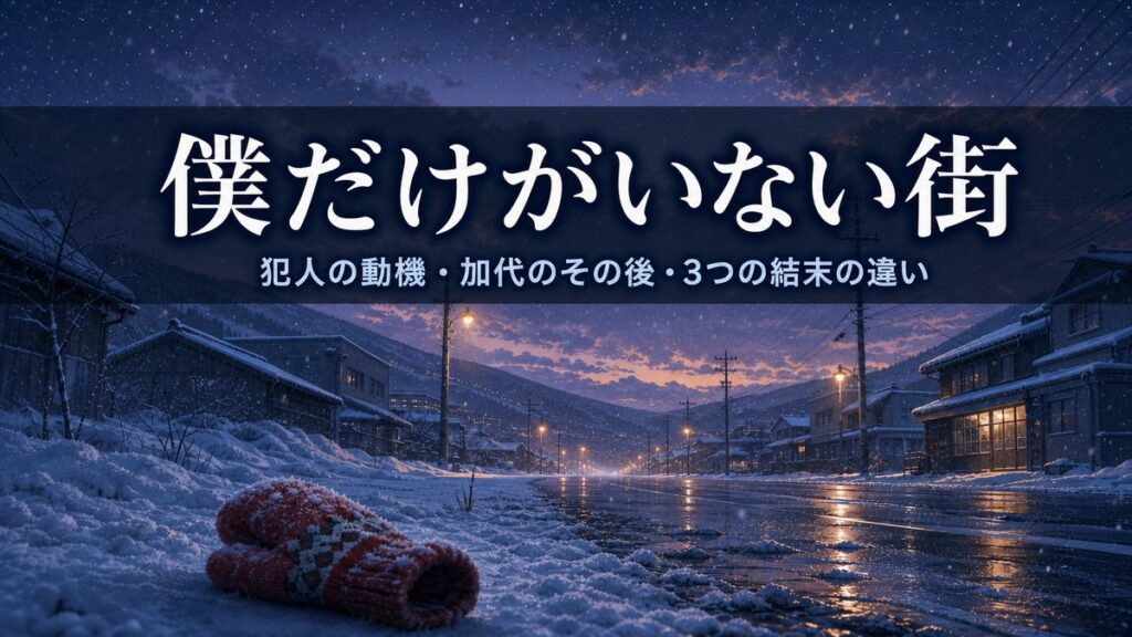 僕だけがいない街のネタバレ考察記事のアイキャッチ画像。雪の降る夕暮れの街並みと子どもの手袋