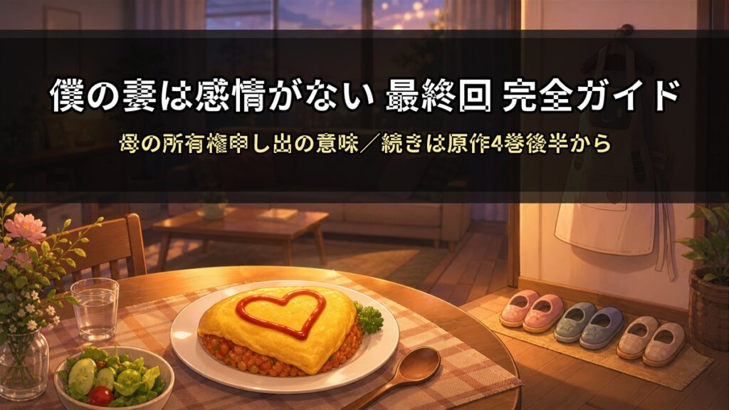 「僕の妻は感情がない 最終回の解説記事アイキャッチ。夕暮れの居間にハート型オムライスが置かれた温かい家庭の構図」