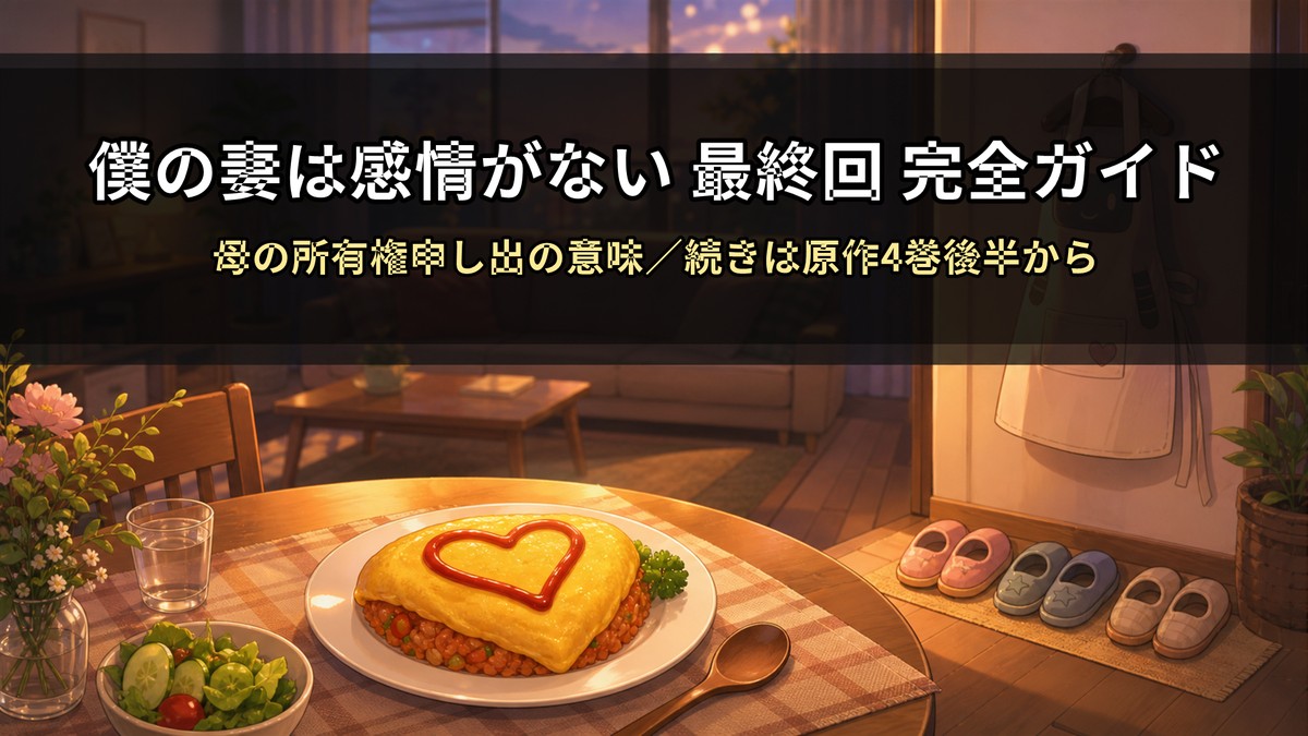 「僕の妻は感情がない 最終回の解説記事アイキャッチ。夕暮れの居間にハート型オムライスが置かれた温かい家庭の構図」