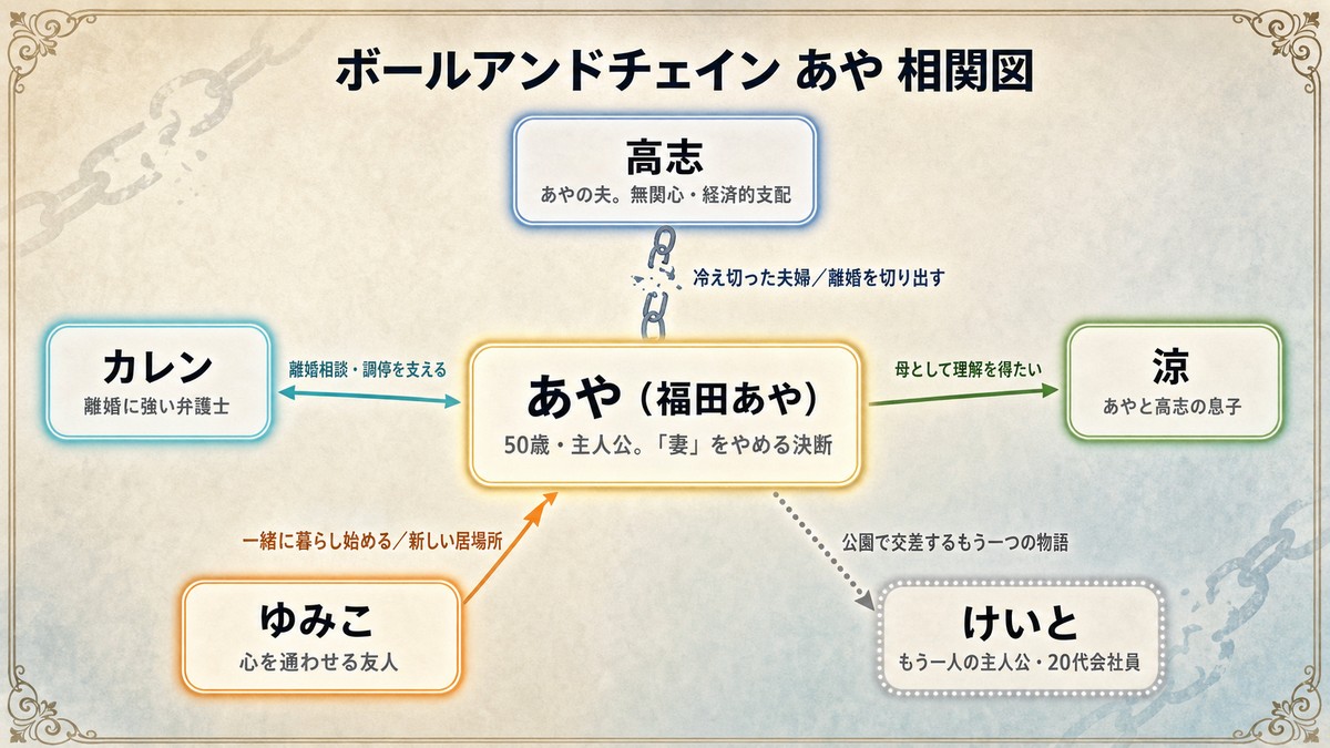 漫画『ボールアンドチェイン』あやの離婚をめぐる人物相関図。あやと夫・高志、息子・涼、弁護士カレン、友人ゆみこ、もう一人の主人公けいとの関係図