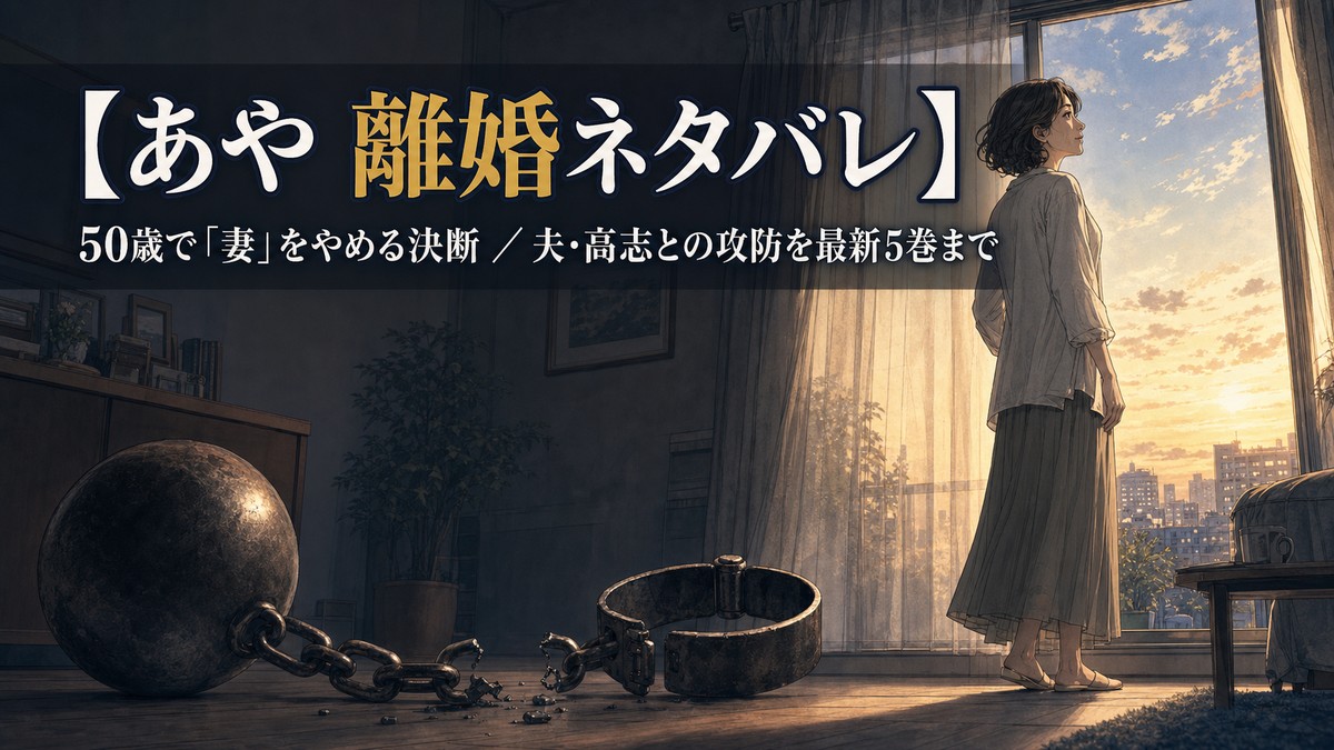 漫画『ボールアンドチェイン』のあやの離婚を解説する記事のアイキャッチ。夕暮れの窓辺に立つ50代女性と、外れかけた足枷の鎖のイメージ