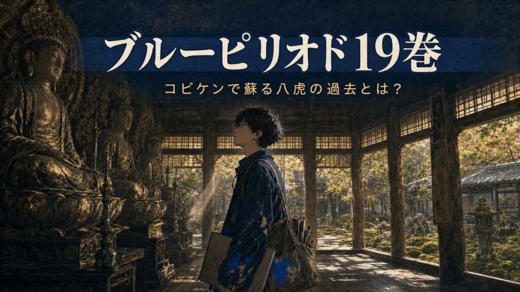 ブルーピリオド19巻のアイキャッチ。京都の古寺で古美術と向き合う美大生・矢口八虎を描いたイメージ