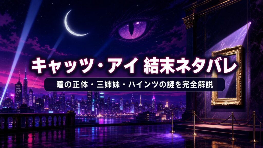 キャッツ・アイの結末ネタバレ解説記事のアイキャッチ。夜のネオン街と美術館の空フレームを背景に「キャッツ・アイ 結末ネタバレ」の文字