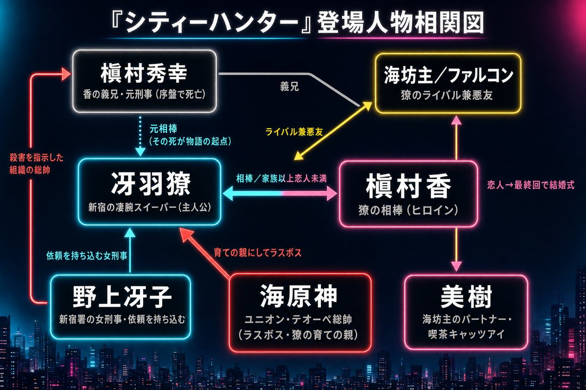 シティーハンター登場人物相関図。冴羽獠と槇村香を中心に、槇村秀幸・海坊主・美樹・野上冴子、ラスボス海原神の関係を矢印とラベルで整理した図