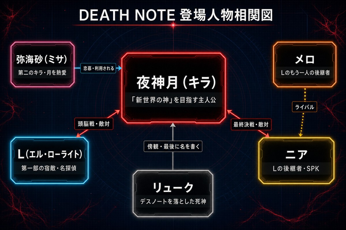 デスノート登場人物相関図。夜神月（キラ）を中心にL・ニア・メロ・弥海砂・リュークの対立と関係を示す