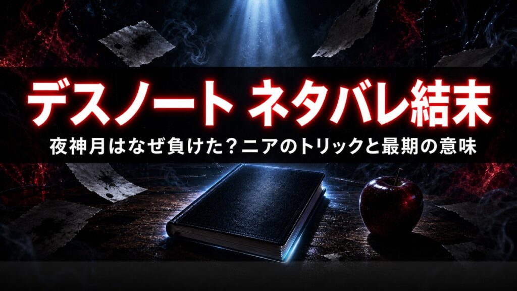 デスノートのネタバレ結末を解説する記事のアイキャッチ。黒いノートと「夜神月はなぜ負けた？」のコピー