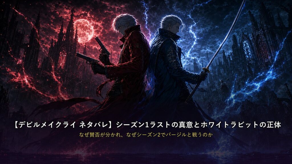 デビルメイクライ ネタバレ記事のアイキャッチ画像。赤コートのダンテと青コートのバージルが背中合わせで立つドラマチックな構図