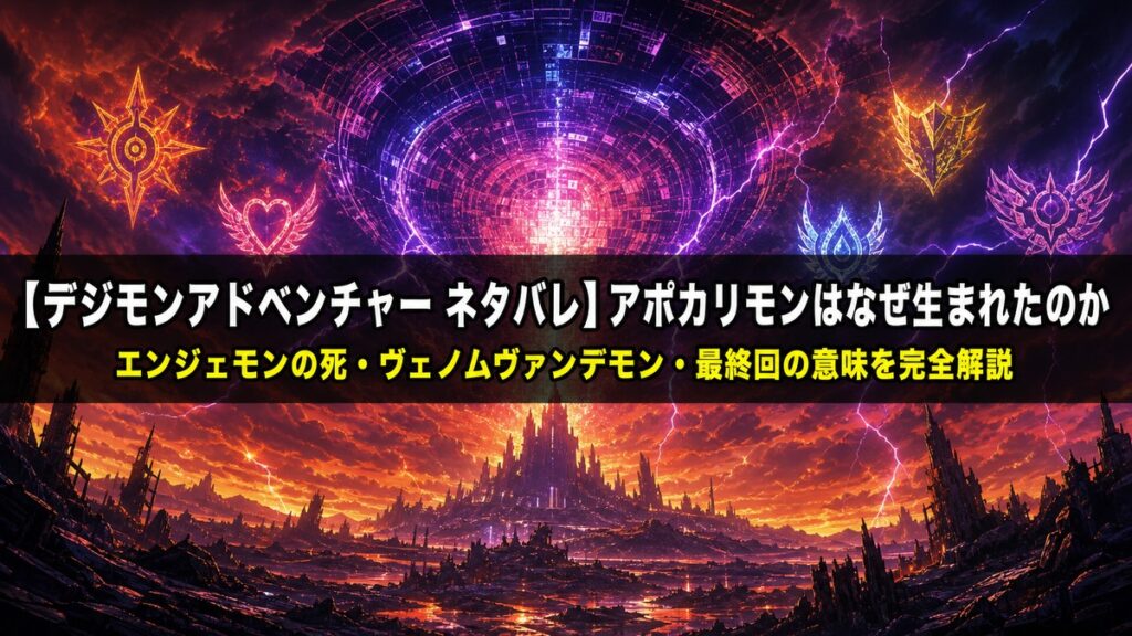 デジモンアドベンチャーのネタバレ記事アイキャッチ画像。デジタルワールドのポータルが輝く夕暮れの背景に「アポカリモンはなぜ生まれたのか」のタイトルが重なるデザイン