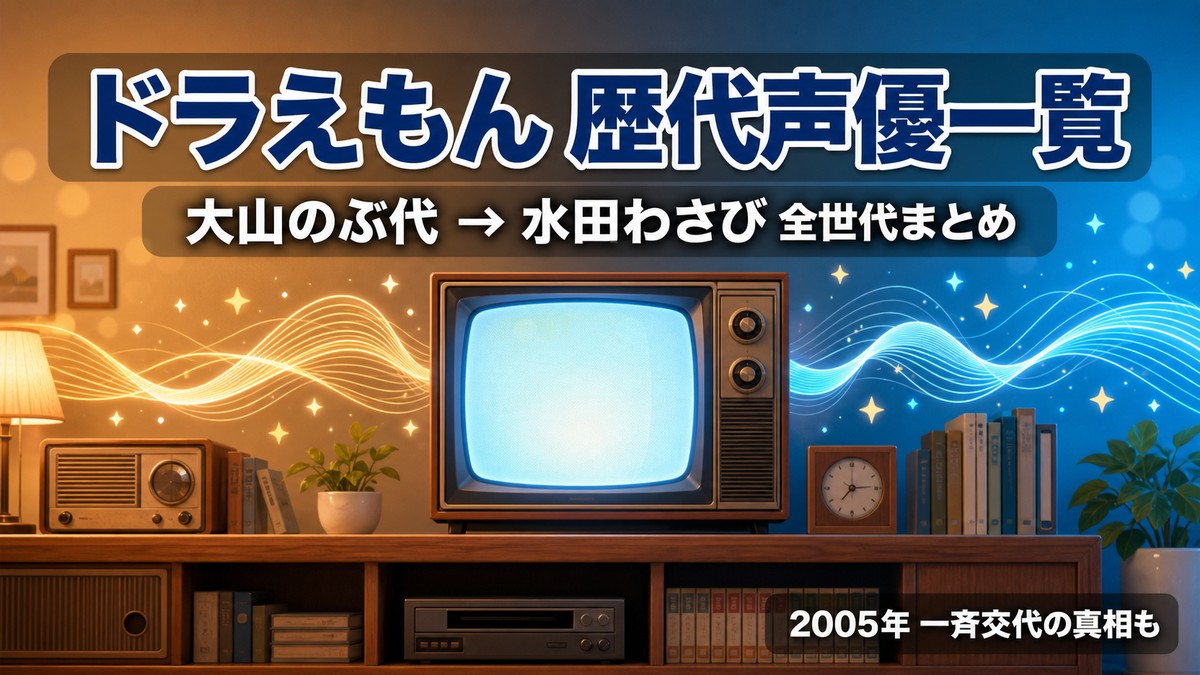 ドラえもんの歴代声優一覧を表すアイキャッチ画像。レトロなテレビと時代の移り変わりを示すグラデーション。