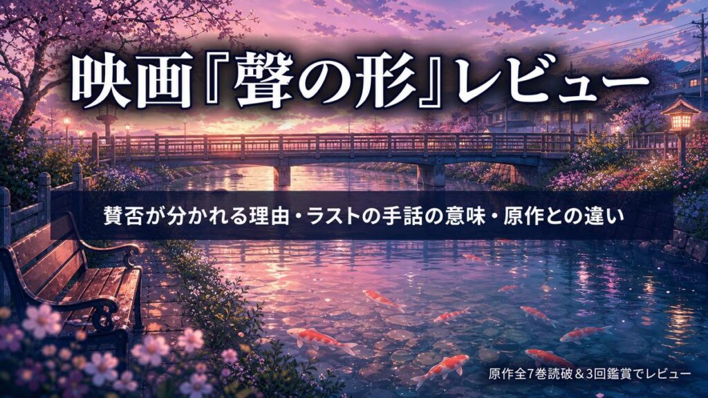 映画『聲の形』のレビュー記事アイキャッチ。夕暮れの川辺と鯉の背景に「賛否が分かれる理由・ラストの手話の意味・原作との違い」のコピー。