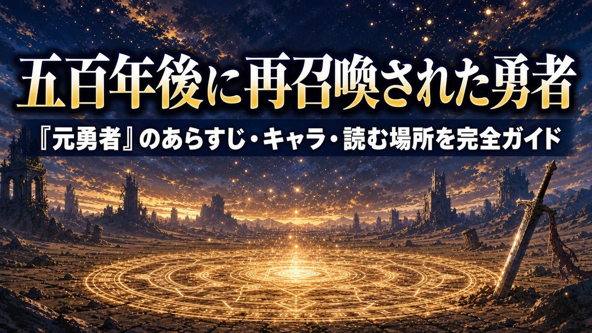 五百年後に再召喚された勇者のあらすじ解説記事のアイキャッチ画像。古代の召喚陣が光る荒野と廃墟の遠景。