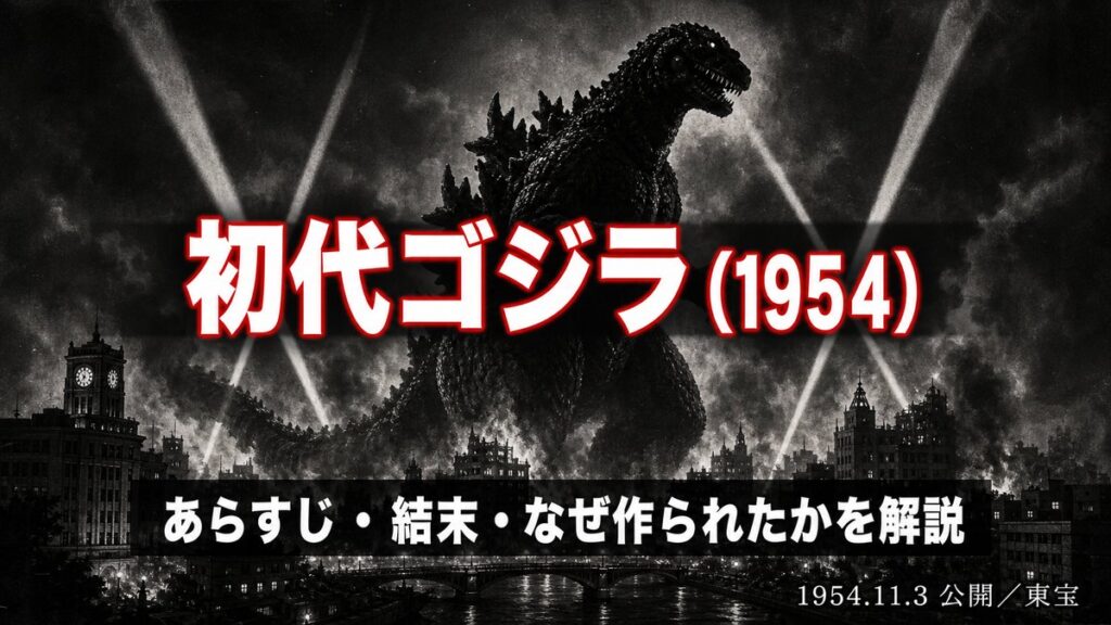 初代ゴジラ（1954年）のあらすじと結末を解説する記事のアイキャッチ画像。燃える1950年代の東京を見下ろす巨大怪獣のシルエット