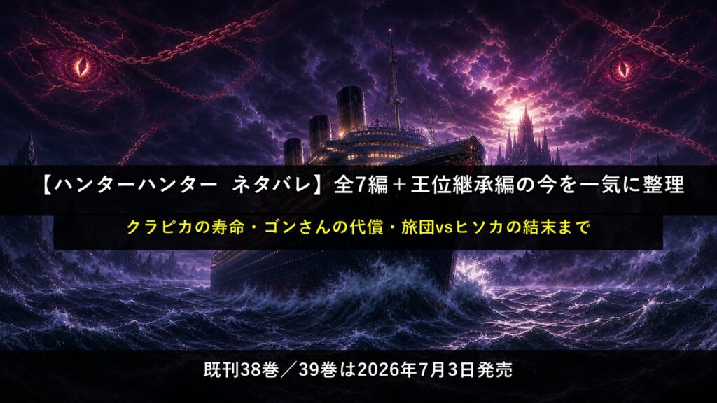 「ハンターハンター ネタバレ記事のアイキャッチ画像。暗黒大陸へ向かう巨大客船と緋の目・鎖のモチーフを描いたダークファンタジー調の構図」