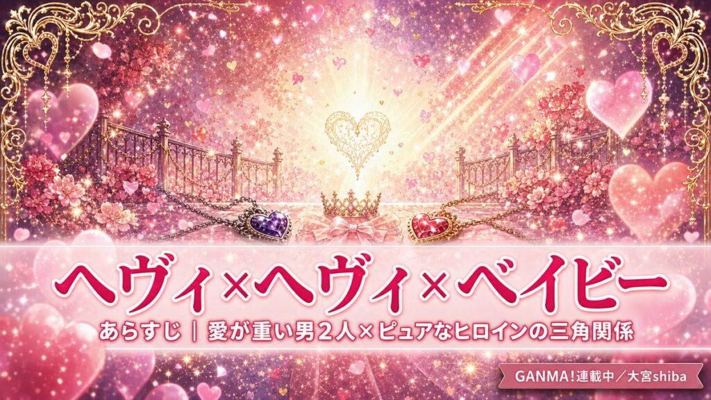 ヘヴィ×ヘヴィ×ベイビーのあらすじ記事アイキャッチ。愛が重い男2人とピュアなヒロインの三角関係を紹介