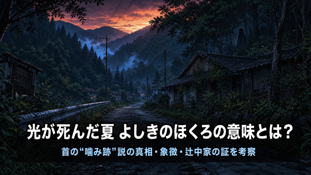 「光が死んだ夏 よしきのほくろ考察記事のアイキャッチ画像。夏の田舎の不穏な森と田園を背景に、記事タイトルが配置されたホラー考察の構図」