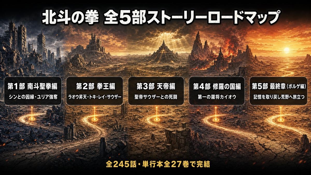 北斗の拳の全5部ストーリーロードマップ図解。第1部南斗聖拳編から第5部最終章ボルゲ編まで、全245話の物語構成を左から右へ時系列で図示