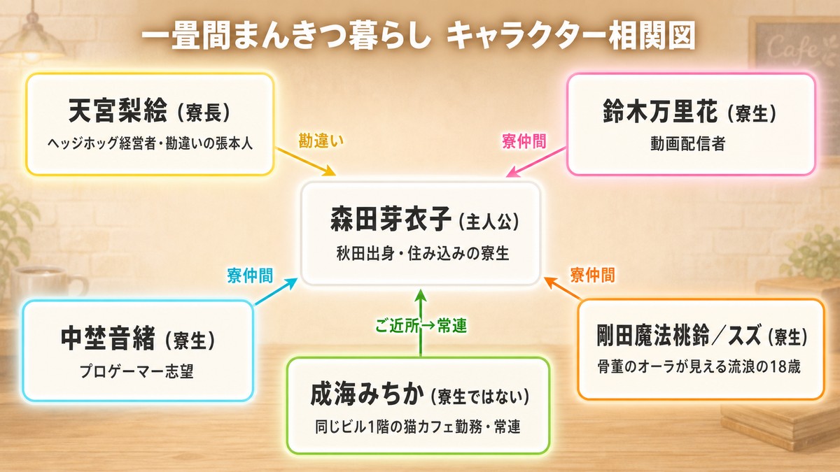 一畳間まんきつ暮らしのキャラクター相関図。主人公・森田芽衣子を中心に寮生4人（梨絵・万里花・音緒・スズ）を配置し、猫カフェ勤務で寮生ではない成海みちかを別枠で図示