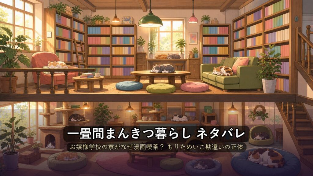 「一畳間まんきつ暮らし ネタバレ記事のアイキャッチ画像。漫画喫茶と猫カフェが入ったレトロな雑居ビルの内観イラスト」
