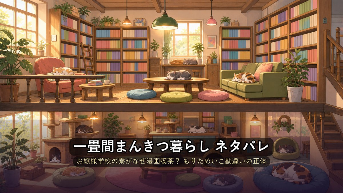 「一畳間まんきつ暮らし ネタバレ記事のアイキャッチ画像。漫画喫茶と猫カフェが入ったレトロな雑居ビルの内観イラスト」