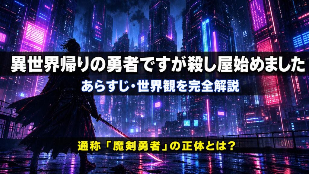 「異世界帰りの勇者ですが殺し屋始めましたのあらすじ解説記事のアイキャッチ画像。ネオンが輝くサイバーパンクの夜の街に立つ剣士のシルエット」