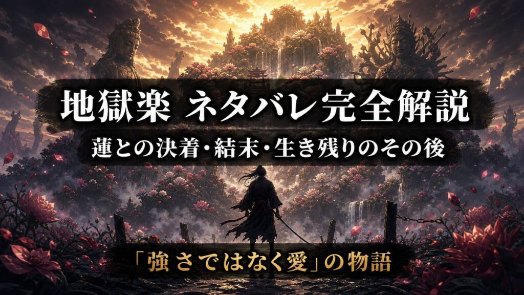「地獄楽 ネタバレ記事のアイキャッチ画像。花咲く異界の島を背景に一人の剣士の影が佇む、和風ダークファンタジーの荘厳な構図」