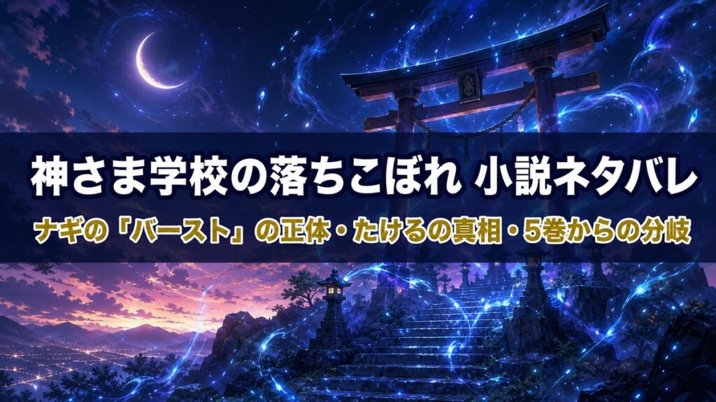 小説『神さま学校の落ちこぼれ』ネタバレ記事のアイキャッチ画像。黄昏の鳥居と発光する神通力、三日月が浮かぶ神秘的な和風ファンタジーの背景に記事タイトルを配置