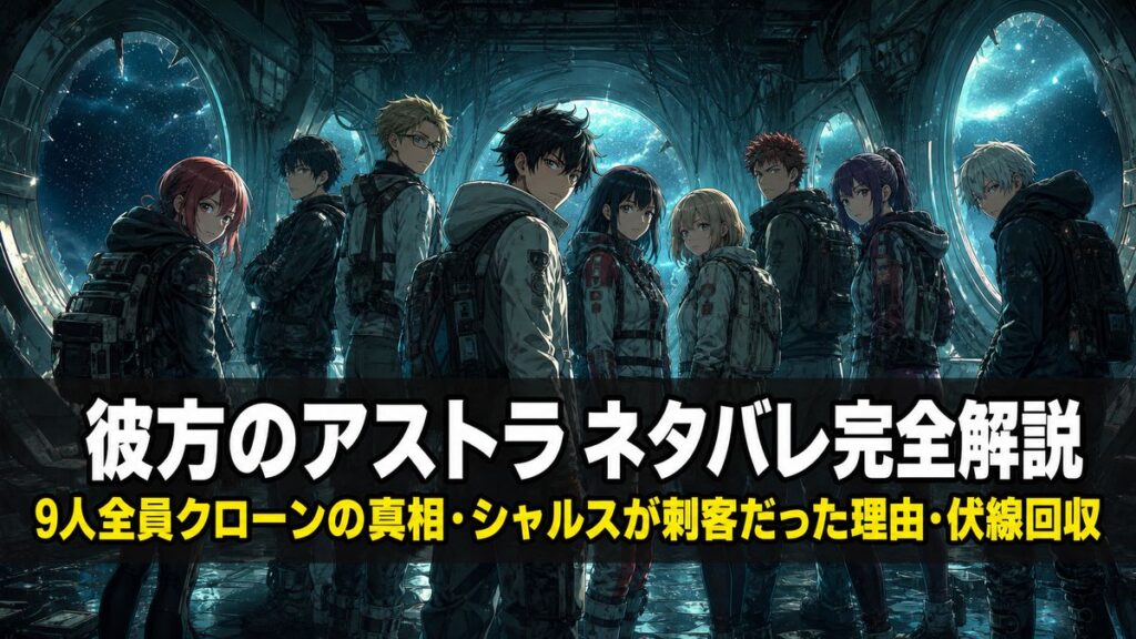 「彼方のアストラ ネタバレ記事のアイキャッチ画像。宇宙船アストラ号の薄暗い船内に9人の若者が集う、緊迫感あるアニメ風キービジュアル」