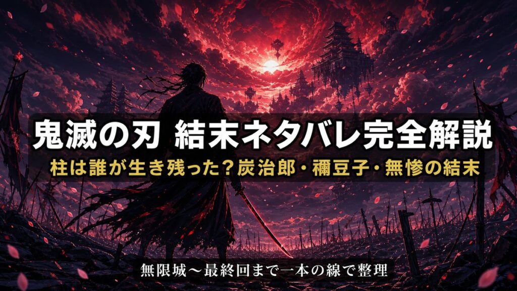 鬼滅の刃 結末ネタバレ解説記事のアイキャッチ画像。夜明けの戦場に立つ剣士のシルエットと舞い散る花弁・火の粉が描かれた和風ダークファンタジーの構図