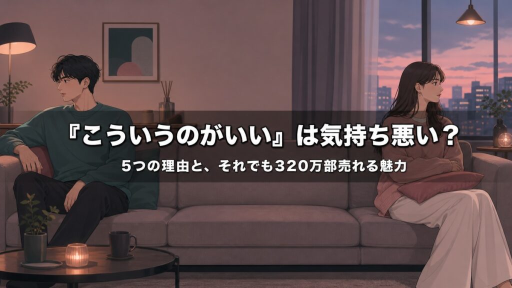 「漫画『こういうのがいい』が気持ち悪いと言われる理由を解説する記事のアイキャッチ画像。薄暗い部屋のソファの両端に距離を置いて座る男女のイラスト」