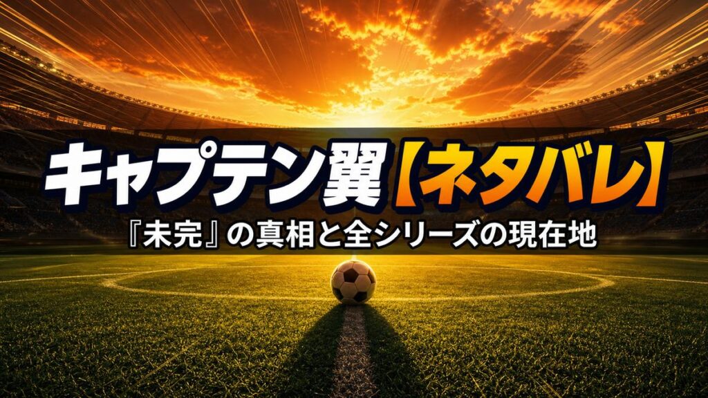 夕暮れのサッカースタジアムを背景にした「キャプテン翼【ネタバレ】『未完』の真相と全シリーズの現在地」のアイキャッチ画像