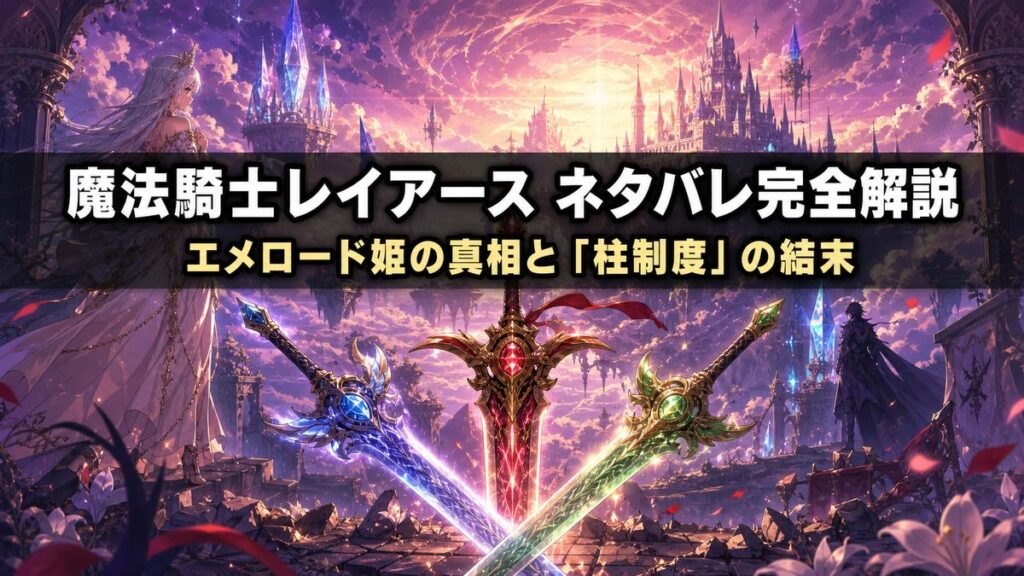 魔法騎士レイアース ネタバレ記事のアイキャッチ画像。異世界セフィーロの浮遊する城と3本の魔法の剣を背景にした荘厳でドラマチックな構図