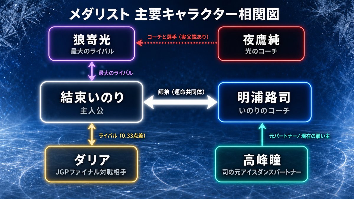 メダリスト ネタバレの主要キャラクター相関図（いのり・司・光・夜鷹純・ダリア・高峰瞳の関係性マップ）