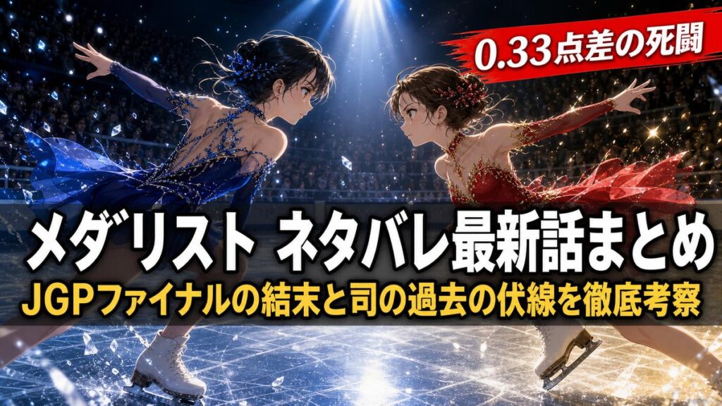 「メダリスト ネタバレ最新話まとめ記事のアイキャッチ画像。氷上で対峙する二人のフィギュアスケーター少女のドラマチックな構図に、JGPファイナルの結末と伏線考察の文字が配置されている」
