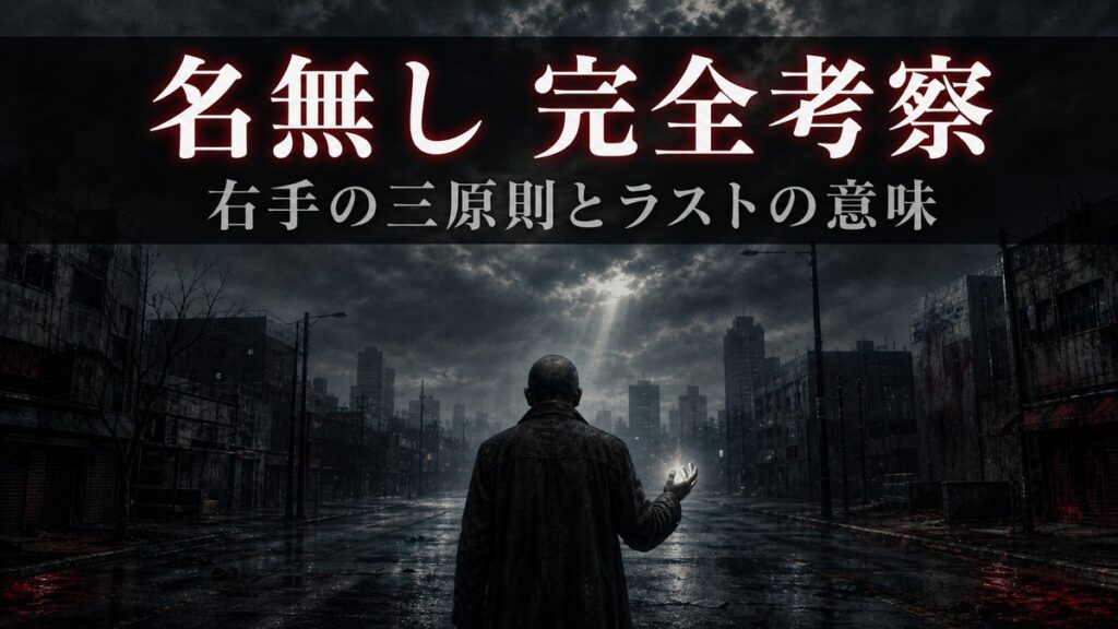 映画『名無し』考察記事のアイキャッチ。薄暗い街路に立つ坊主頭の男の後ろ姿と発光する右手