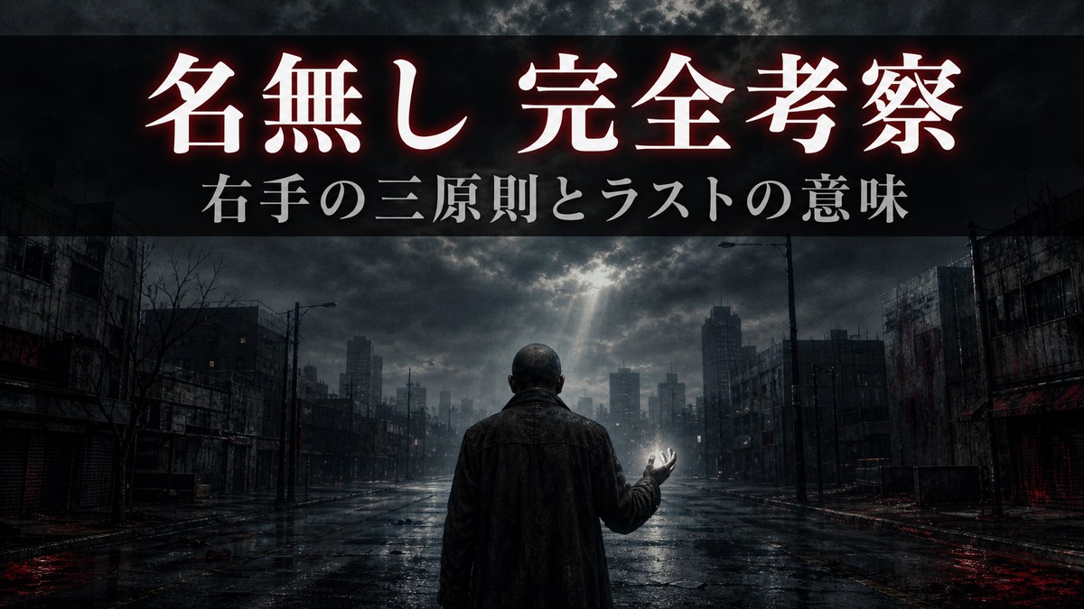 映画『名無し』考察記事のアイキャッチ。薄暗い街路に立つ坊主頭の男の後ろ姿と発光する右手