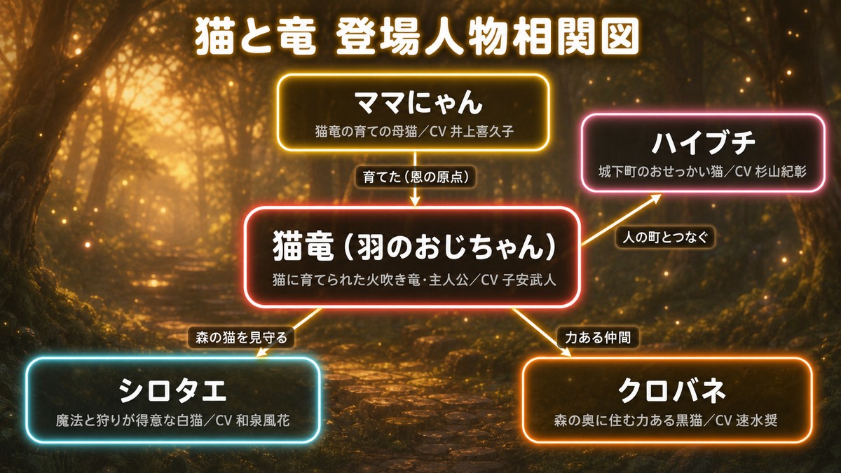 主人公の猫竜を中心に、母猫ママにゃん・白猫シロタエ・黒猫クロバネ・おせっかい猫ハイブチの関係を示した『猫と竜』相関図