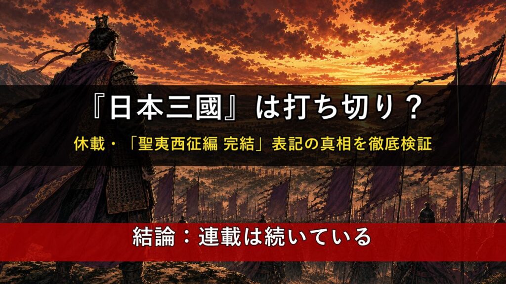 「『日本三國』は打ち切りなのかを検証する記事のアイキャッチ画像。夕暮れの戦場を見つめる武将の構図に、連載は続いているという結論を添えたデザイン」