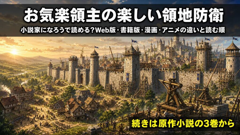「お気楽領主の楽しい領地防衛のアイキャッチ画像。寂れた村が城壁とバリスタを備えた巨大な城塞都市へ発展していく俯瞰構図に、Web版・書籍版・漫画・アニメの違いと読む順を整理する記事タイトルを配置」