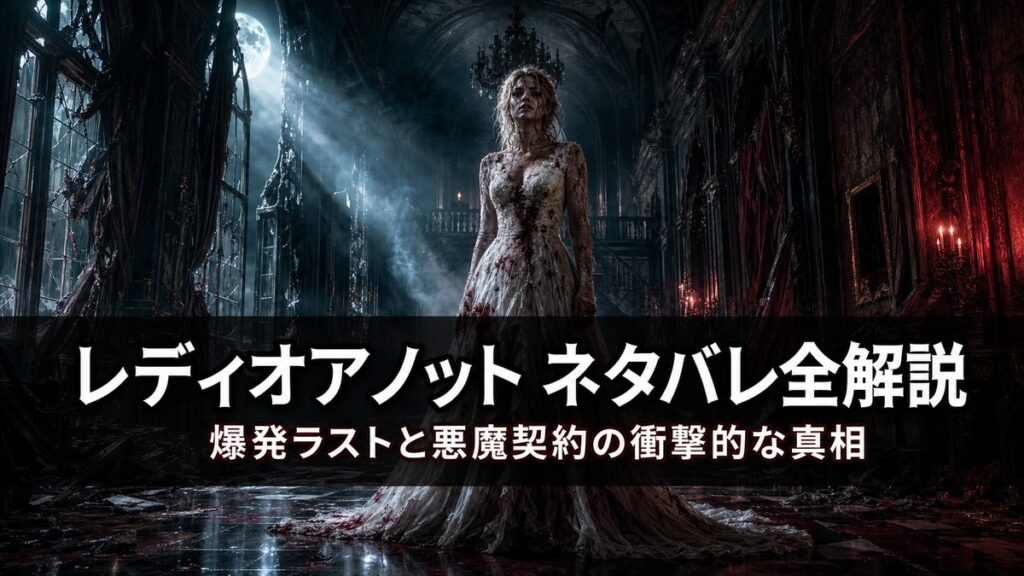 レディ・オア・ノット ネタバレ解説記事のアイキャッチ画像。血まみれのウェディングドレスを着た女性が暗い屋敷の廊下に立つドラマチックな構図