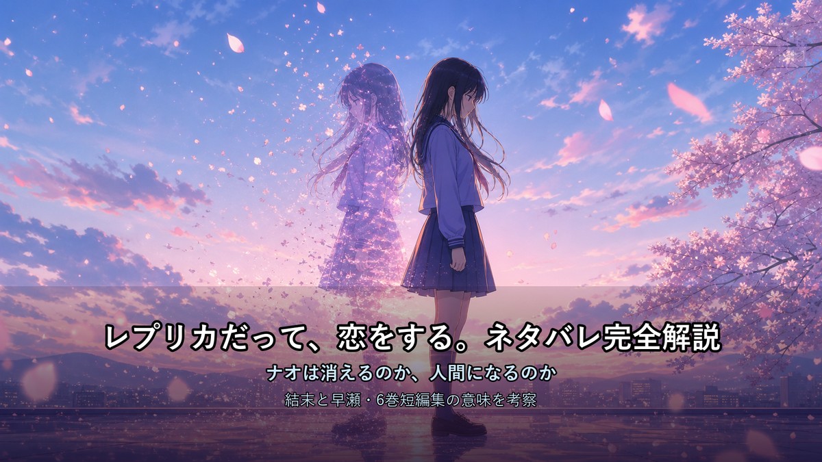 「レプリカだって、恋をする。ネタバレ記事のアイキャッチ画像。同じ顔の少女2人（オリジナルとレプリカ）が背中合わせに立ち、片方が光の粒子になって消えかけている切ない構図」