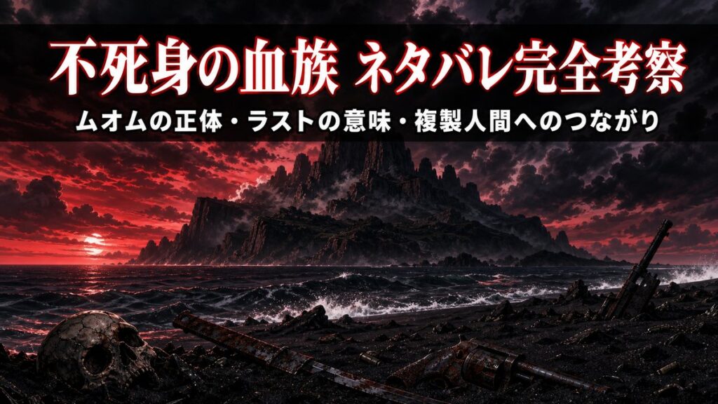 ルパン三世 不死身の血族 ネタバレ考察記事のアイキャッチ画像。地図に存在しない謎の島と廃棄兵器が描かれたハードボイルド・ノワール調の映像
