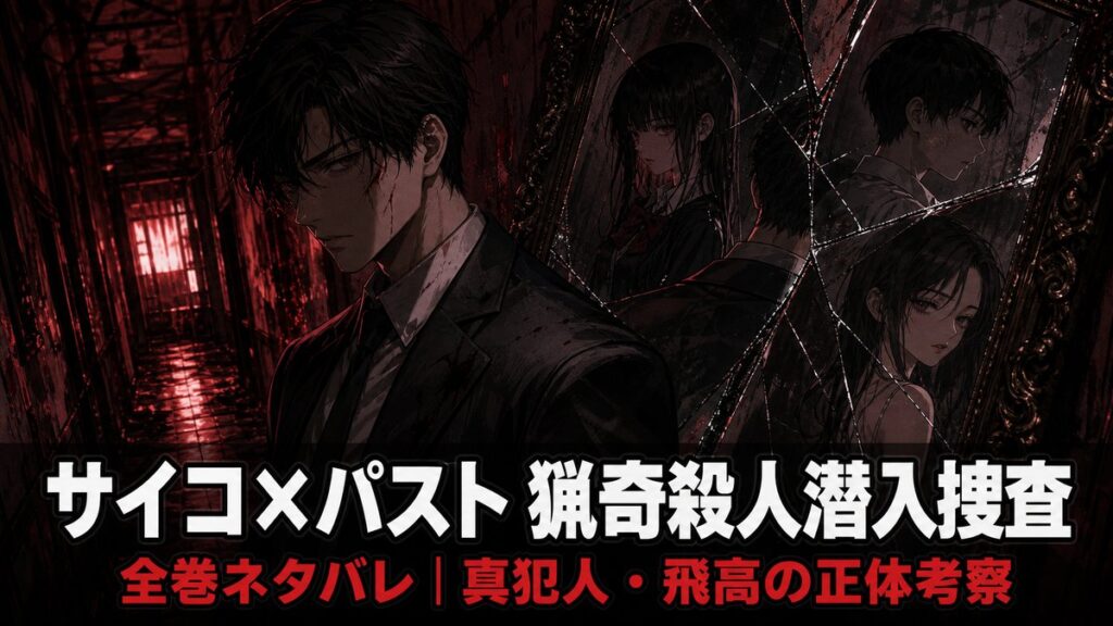 サイコ×パスト 猟奇殺人潜入捜査 ネタバレ記事のアイキャッチ画像。鏡の中に複数の被害者の姿を映す刑事・五代一哲をイメージしたダーク心理サスペンス構図