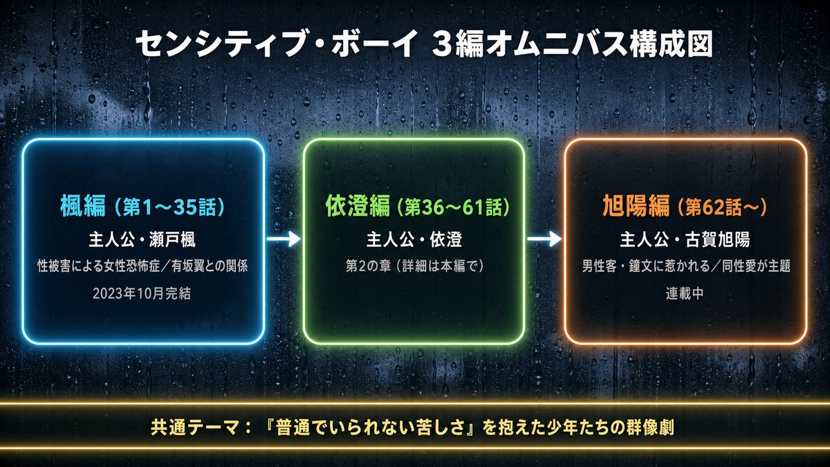 センシティブ・ボーイの3編オムニバス構成図。楓編（瀬戸楓・女性恐怖症）、依澄編、旭陽編（古賀旭陽・同性愛が主題）を横一列の時系列で並べ、共通テーマ『普通でいられない苦しさ』を図示