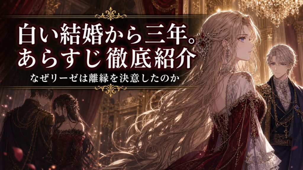 『白い結婚から三年。旦那様、私と離縁してください』のあらすじ紹介記事アイキャッチ。離縁を決意した伯爵夫人リーゼと豪奢な宮廷を背景にしたイメージ