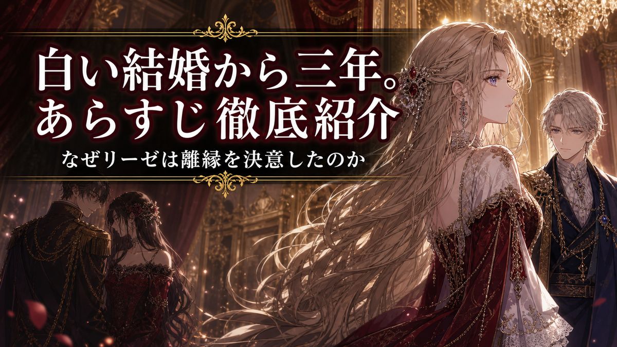 『白い結婚から三年。旦那様、私と離縁してください』のあらすじ紹介記事アイキャッチ。離縁を決意した伯爵夫人リーゼと豪奢な宮廷を背景にしたイメージ