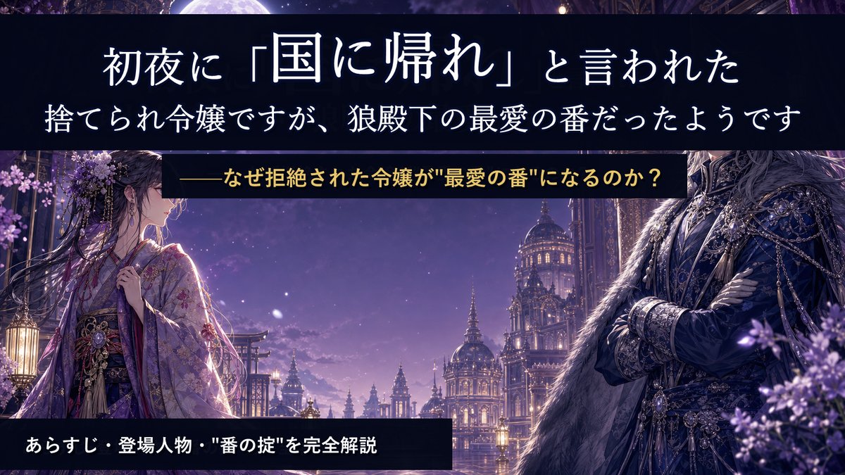 初夜に「国に帰れ」と言われた捨てられ令嬢ですが、狼殿下の最愛の番だったようですのアイキャッチ。和装の令嬢・西園寺真珠と獣人国の狼殿下ローランが月夜の宮殿で向き合う構図。