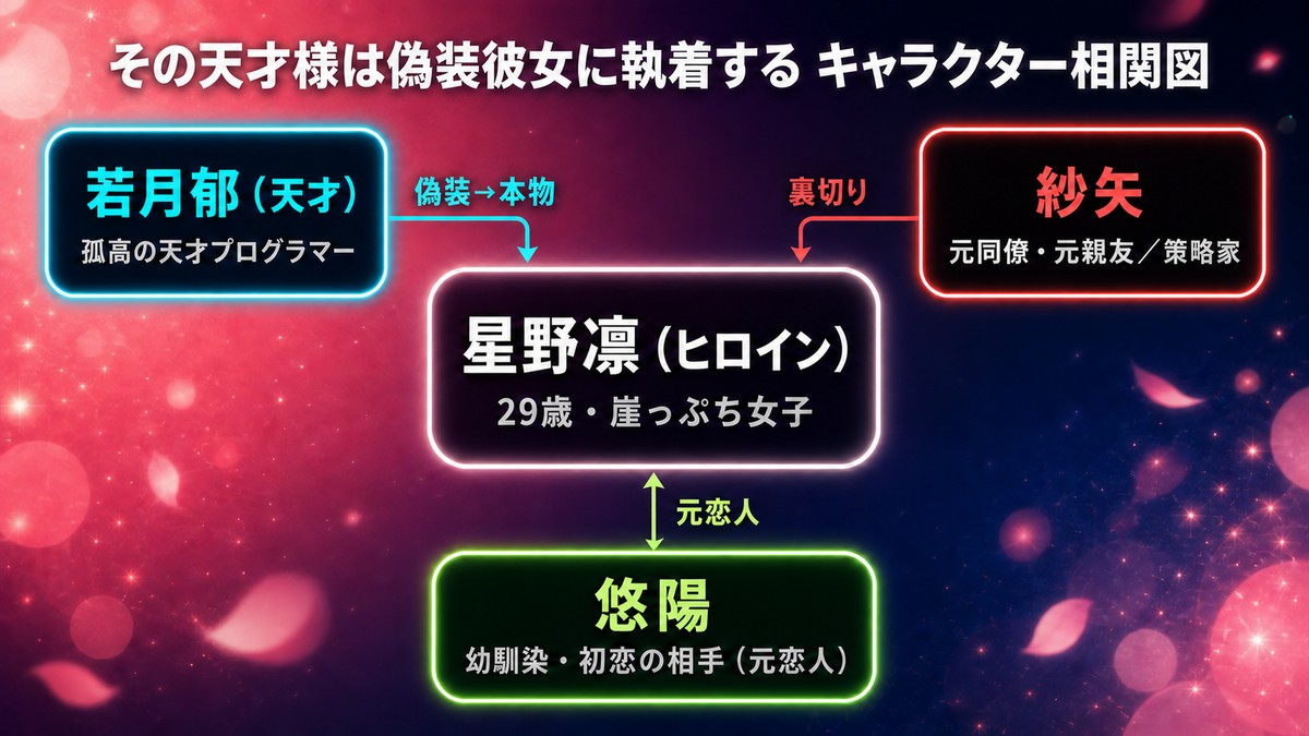 その天才様は偽装彼女に執着するのキャラクター相関図。ヒロイン星野凛を中心に、天才・若月郁との偽装から本物への関係、元同僚・紗矢の裏切り、幼馴染・悠陽との元恋人関係を図示