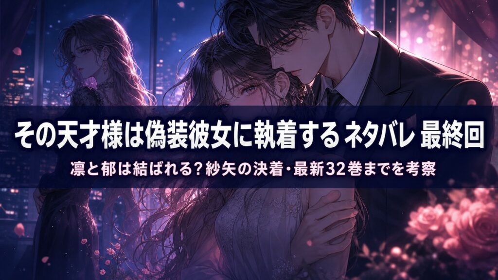 「その天才様は偽装彼女に執着する ネタバレ・最終回考察記事のアイキャッチ画像。執着する天才とヒロイン、影から見つめる第三の女性を描いたドラマチックな構図」