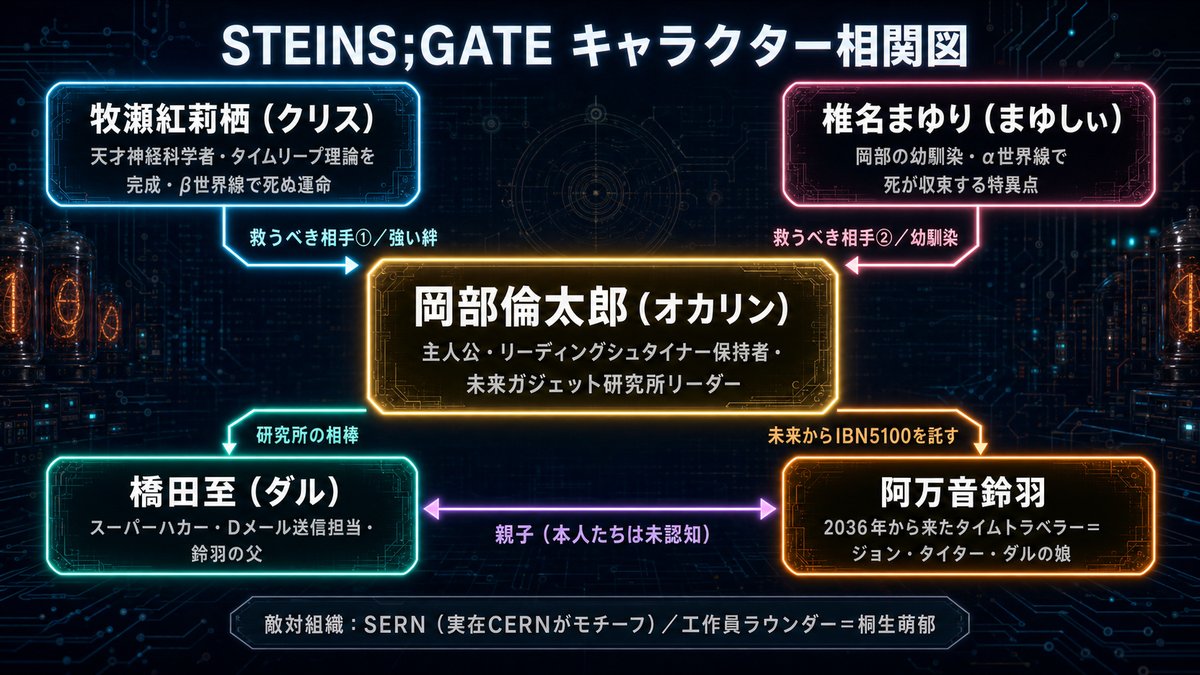 STEINS;GATEの登場人物相関図。岡部倫太郎を中心に紅莉栖・まゆり・ダル・鈴羽の関係とSERNとの対立を示す