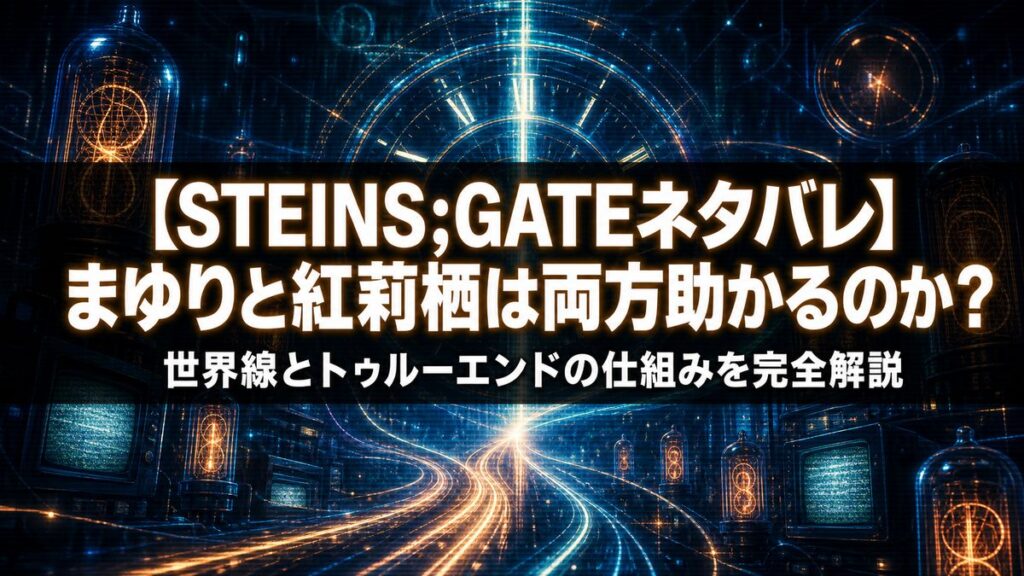 STEINS;GATEのネタバレ解説記事アイキャッチ。時間移動と世界線をモチーフにしたSF的キービジュアル